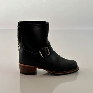 Women's Black Leather Buckle Ankle Boot